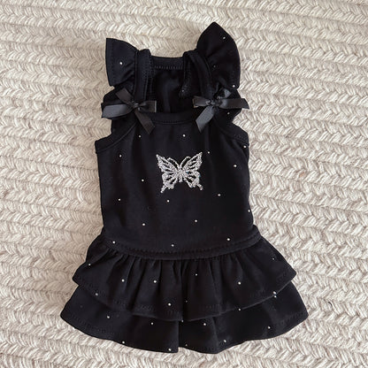 Cotton Pet Princess Dress with Bow and Rhinestone Decoration Light Blue/Black 3XS-S