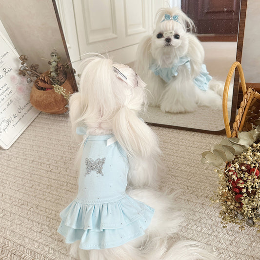 Cotton Pet Princess Dress with Bow and Rhinestone Decoration Light Blue/Black 3XS-S