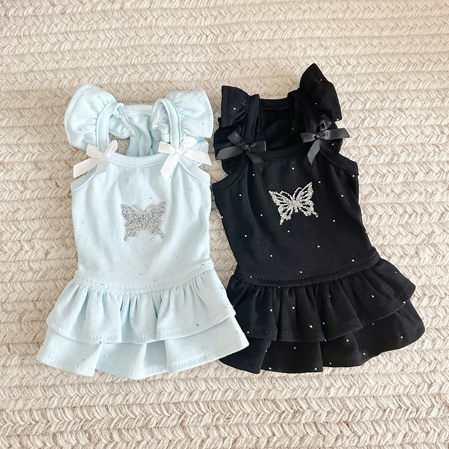Cotton Pet Princess Dress with Bow and Rhinestone Decoration Light Blue/Black 3XS-S