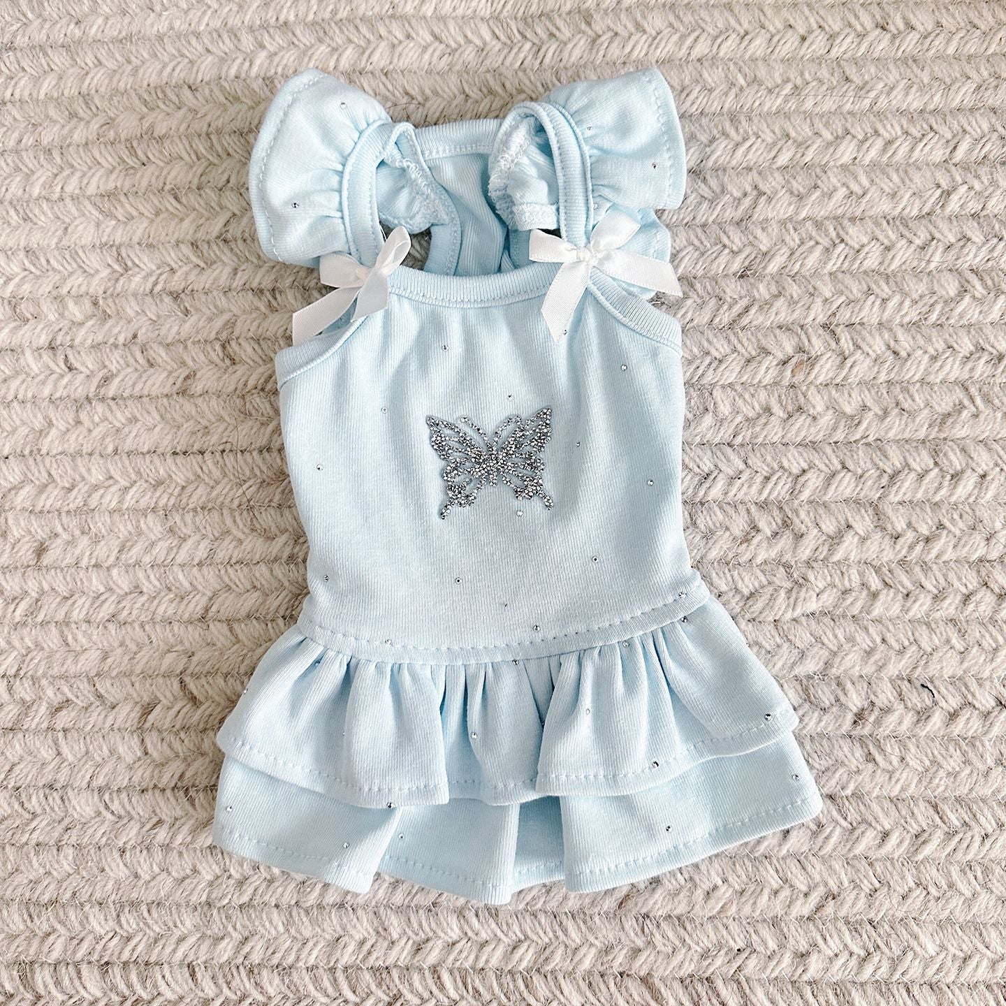 Cotton Pet Princess Dress with Bow and Rhinestone Decoration Light Blue/Black 3XS-S