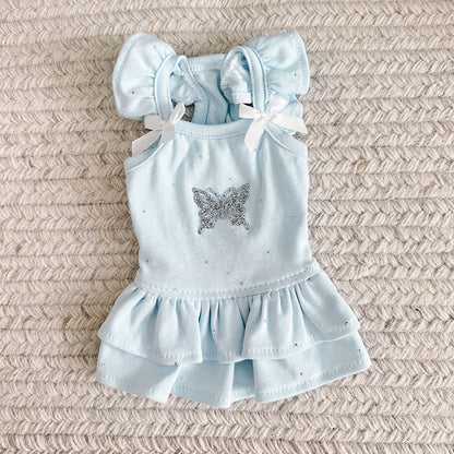 Cotton Pet Princess Dress with Bow and Rhinestone Decoration Light Blue/Black 3XS-S