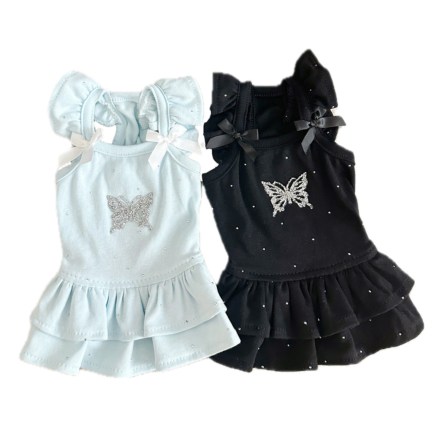 Cotton Pet Princess Dress with Bow and Rhinestone Decoration Light Blue/Black 3XS-S